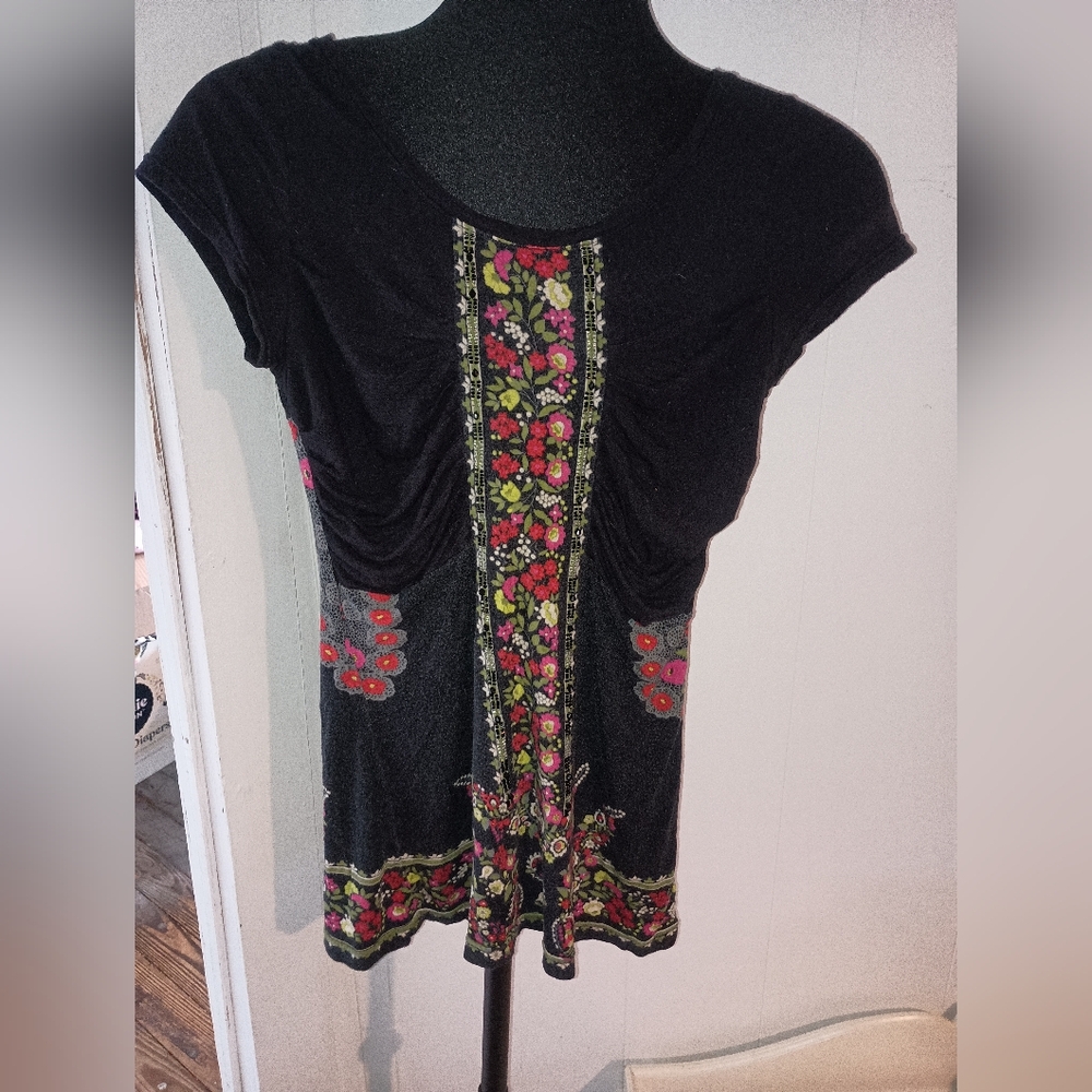 Free People Black Skirt with Red and Green Floral Design